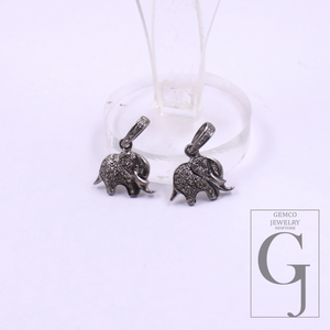 Elephant Pendant With Rosecut Pave Diamonds In 925 Sterling Silver Handmade Finish Animal Pendant