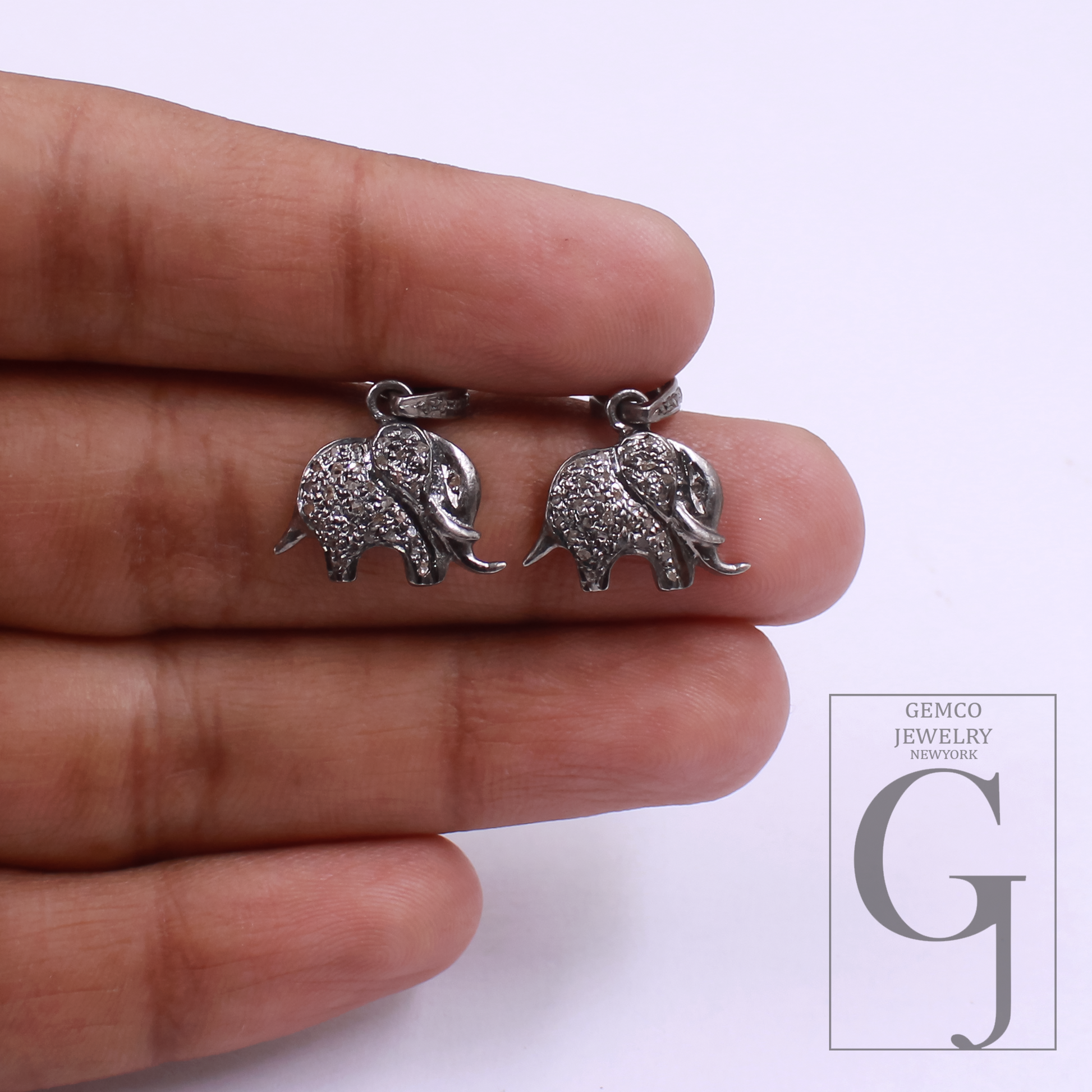 Elephant Pendant With Rosecut Pave Diamonds In 925 Sterling Silver Handmade Finish Animal Pendant