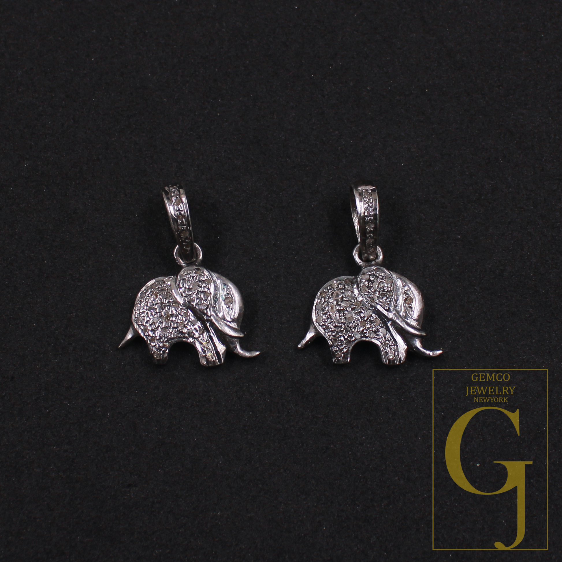 Elephant Pendant With Rosecut Pave Diamonds In 925 Sterling Silver Handmade Finish Animal Pendant