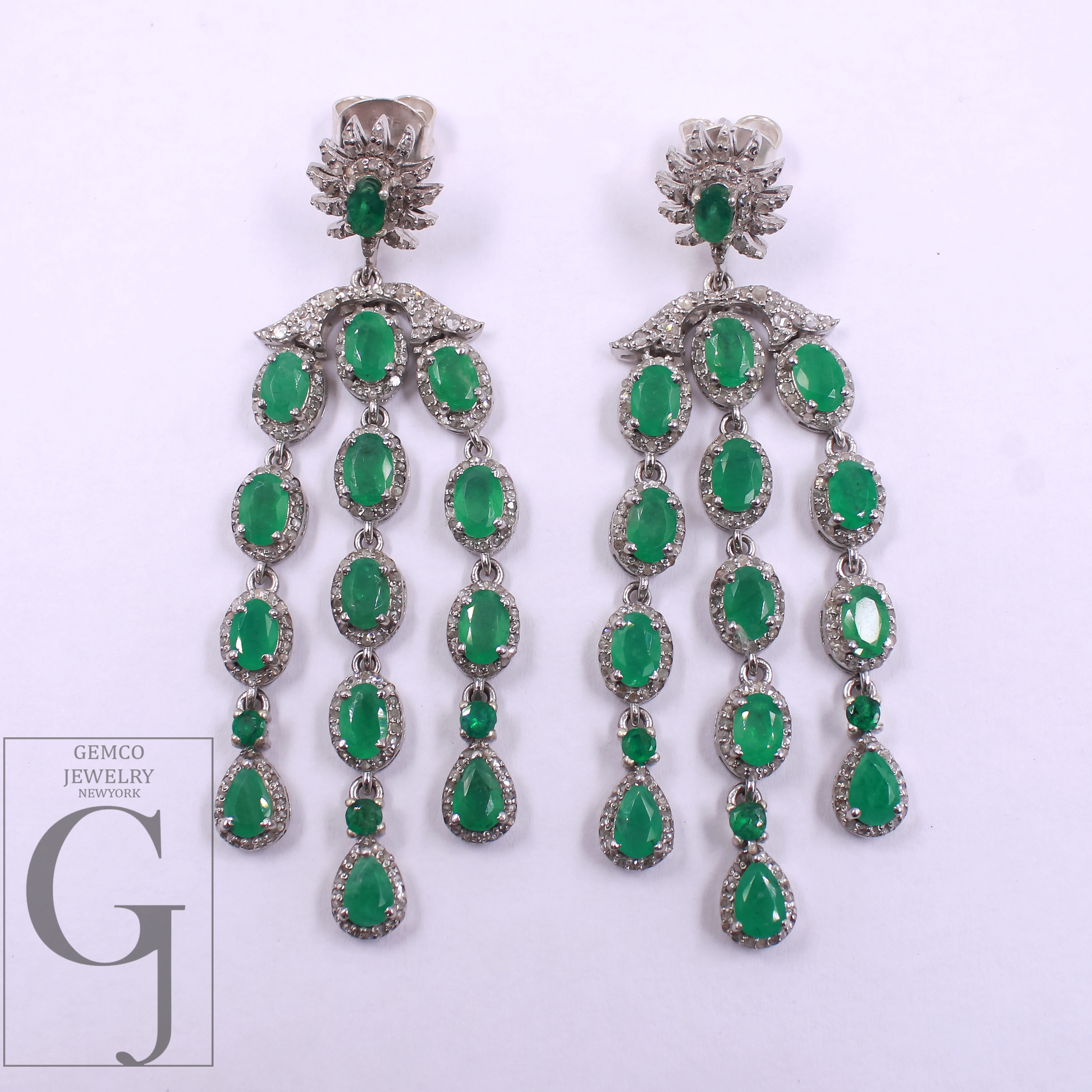 Natural Emerald Drop Earrings With Pave Diamonds In 925 Sterling Silver Handmade Finish Jewelry For Wedding Gift