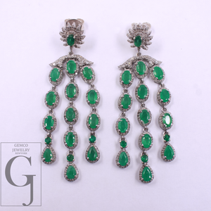 Natural Emerald Drop Earrings With Pave Diamonds In 925 Sterling Silver Handmade Finish Jewelry For Wedding Gift