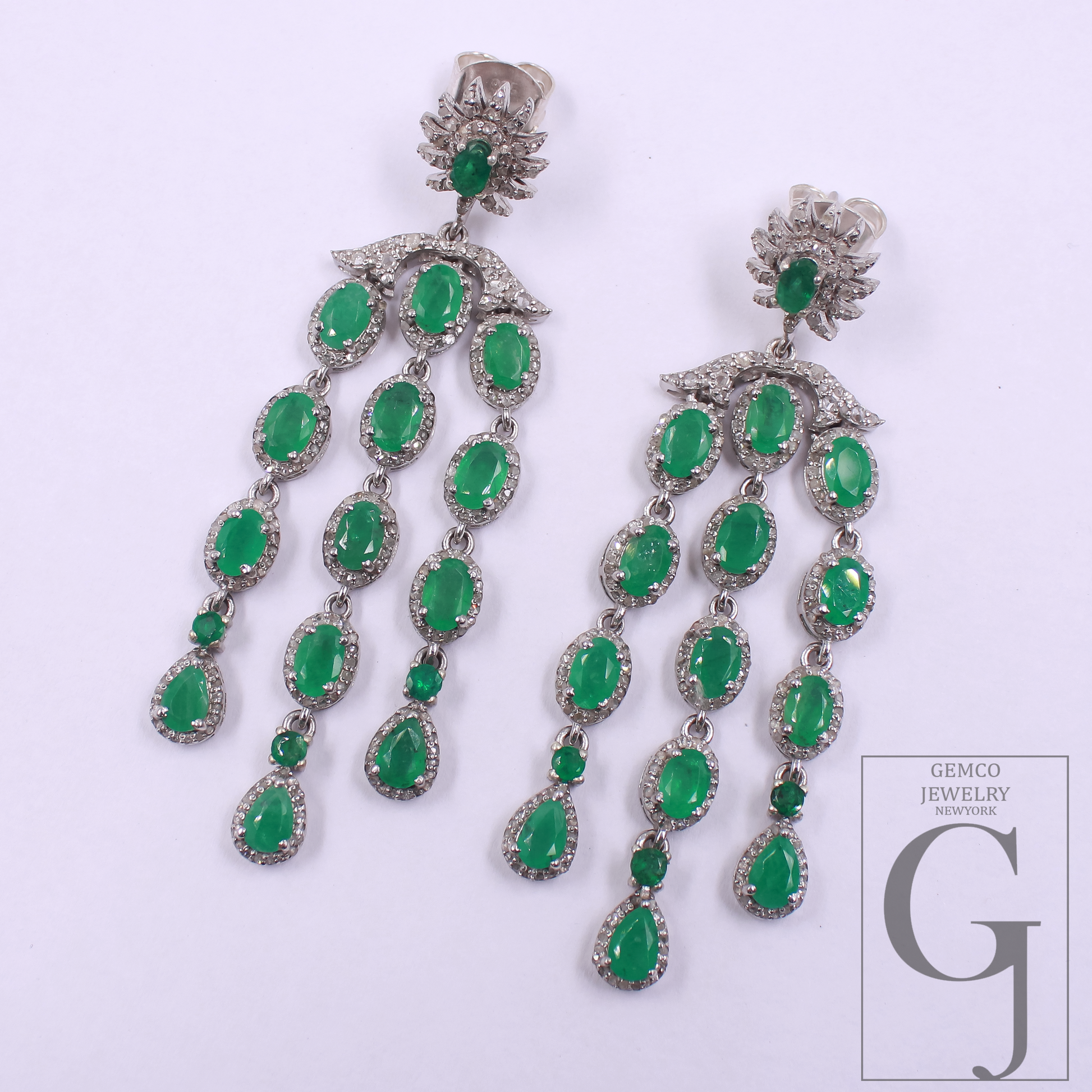 Natural Emerald Drop Earrings With Pave Diamonds In 925 Sterling Silver Handmade Finish Jewelry For Wedding Gift