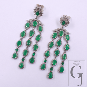 Natural Emerald Drop Earrings With Pave Diamonds In 925 Sterling Silver Handmade Finish Jewelry For Wedding Gift