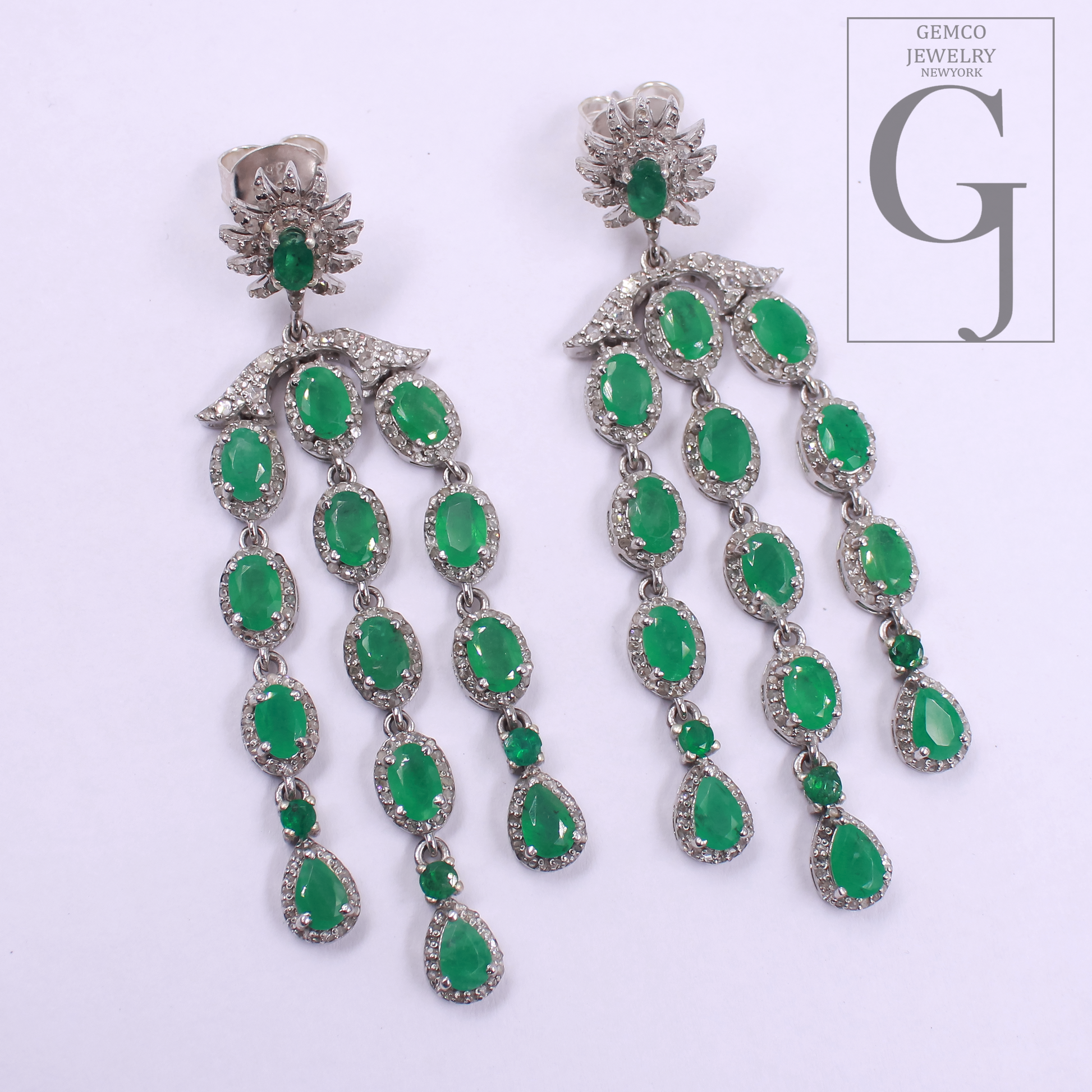 Natural Emerald Drop Earrings With Pave Diamonds In 925 Sterling Silver Handmade Finish Jewelry For Wedding Gift