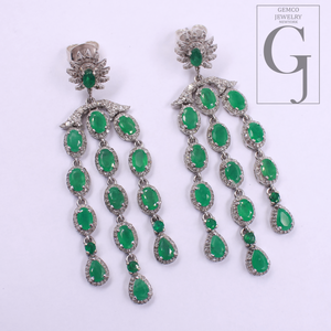 Natural Emerald Drop Earrings With Pave Diamonds In 925 Sterling Silver Handmade Finish Jewelry For Wedding Gift