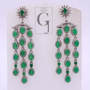 Natural Emerald Drop Earrings With Pave Diamonds In 925 Sterling Silver Handmade Finish Jewelry For Wedding Gift