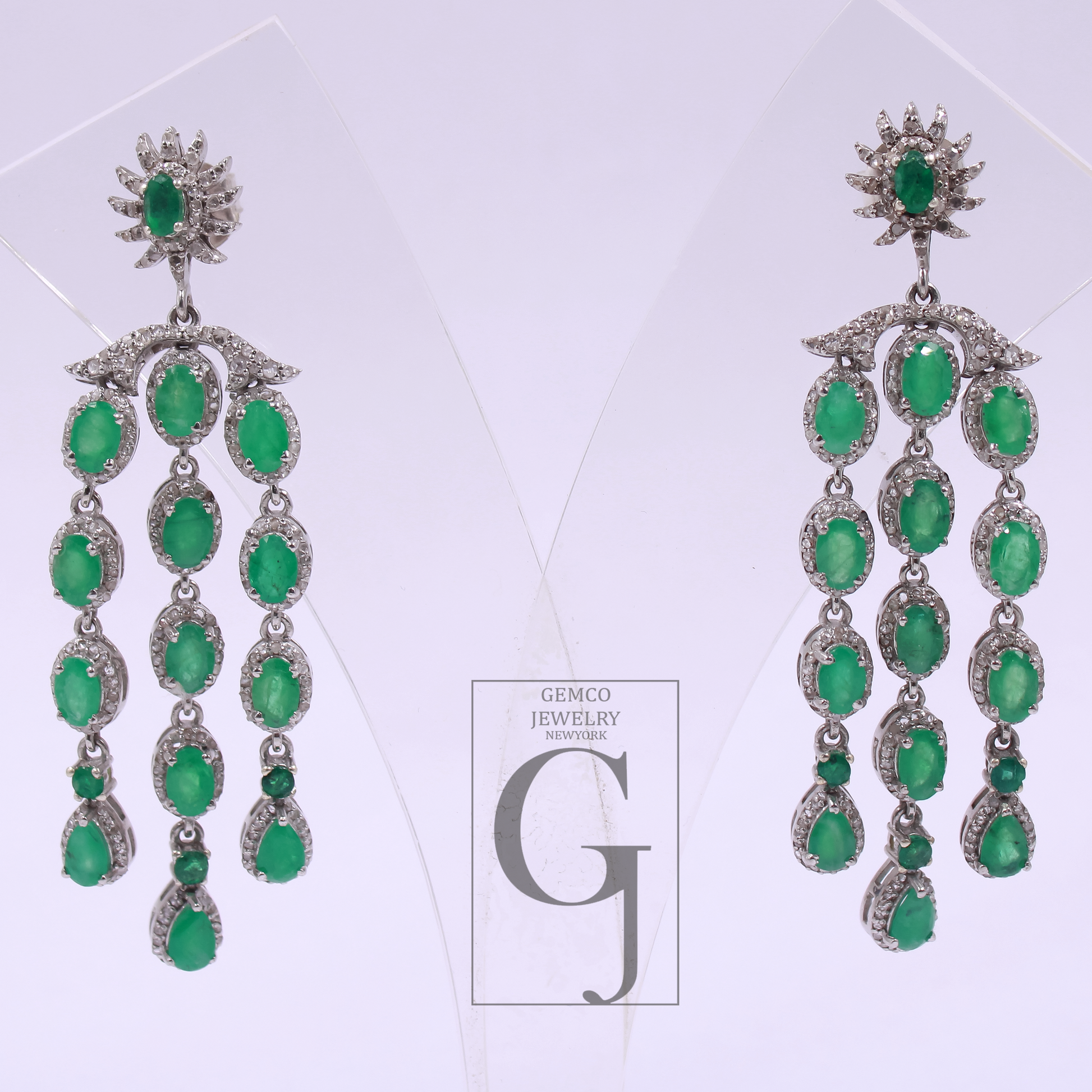 Natural Emerald Drop Earrings With Pave Diamonds In 925 Sterling Silver Handmade Finish Jewelry For Wedding Gift