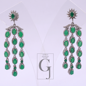 Natural Emerald Drop Earrings With Pave Diamonds In 925 Sterling Silver Handmade Finish Jewelry For Wedding Gift
