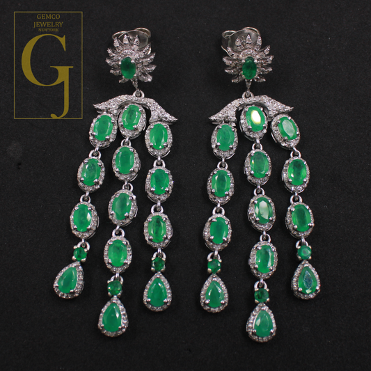 Natural Emerald Drop Earrings With Pave Diamonds In 925 Sterling Silver Handmade Finish Jewelry For Wedding Gift