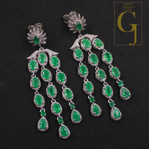 Natural Emerald Drop Earrings With Pave Diamonds In 925 Sterling Silver Handmade Finish Jewelry For Wedding Gift