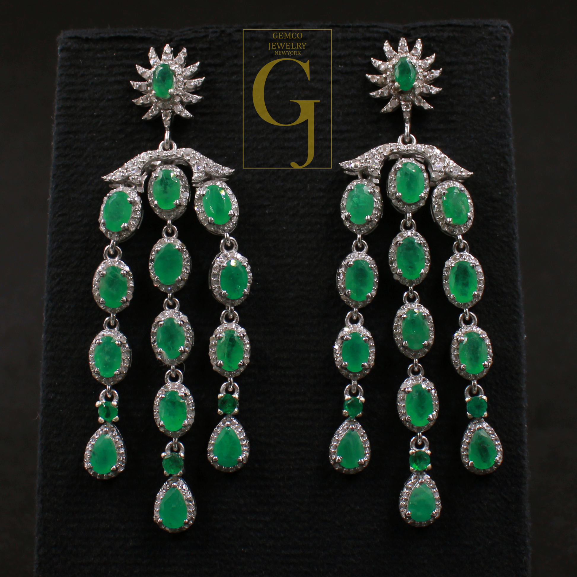 Natural Emerald Drop Earrings With Pave Diamonds In 925 Sterling Silver Handmade Finish Jewelry For Wedding Gift
