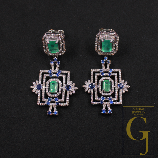 Natural Emerald And Blue Sapphire Drop Earrings With Pave Diamonds In 925 Sterling Silver Handmade Finish Jewelry