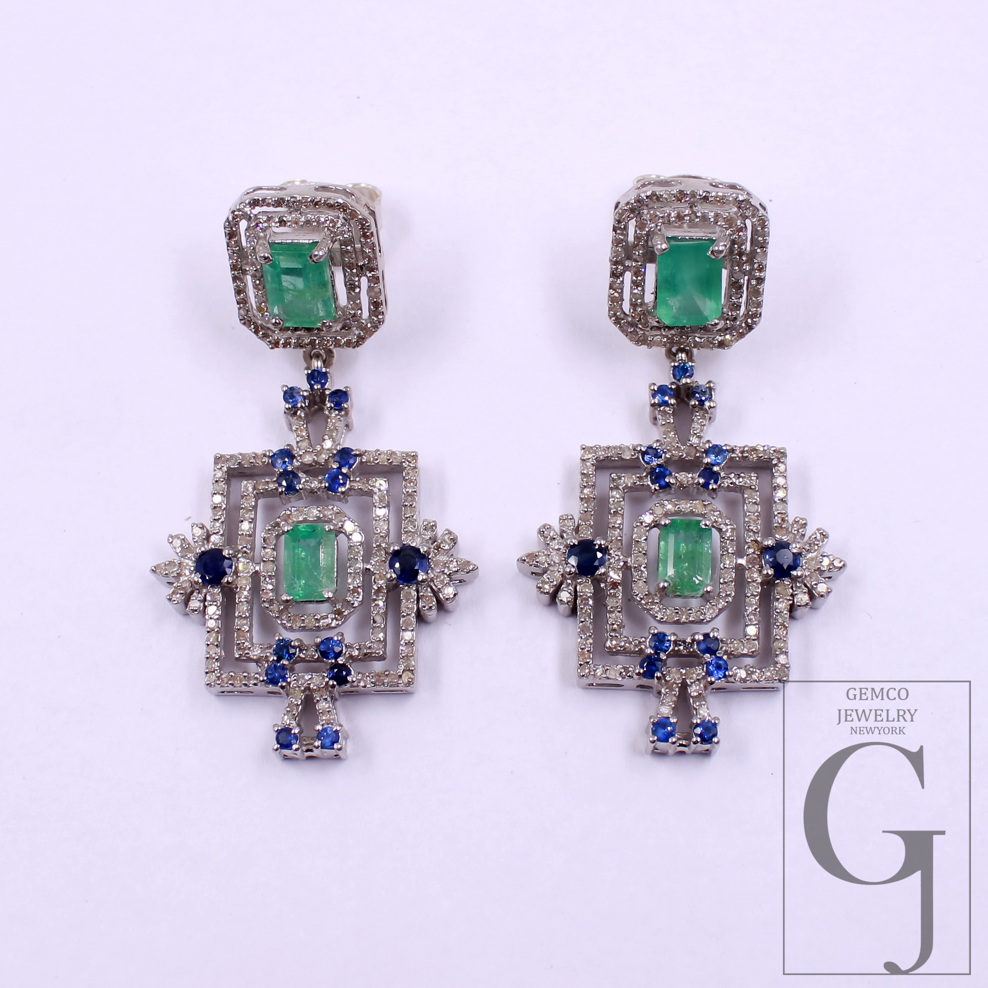 Natural Emerald And Blue Sapphire Drop Earrings With Pave Diamonds In 925 Sterling Silver Handmade Finish Jewelry