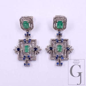 Natural Emerald And Blue Sapphire Drop Earrings With Pave Diamonds In 925 Sterling Silver Handmade Finish Jewelry
