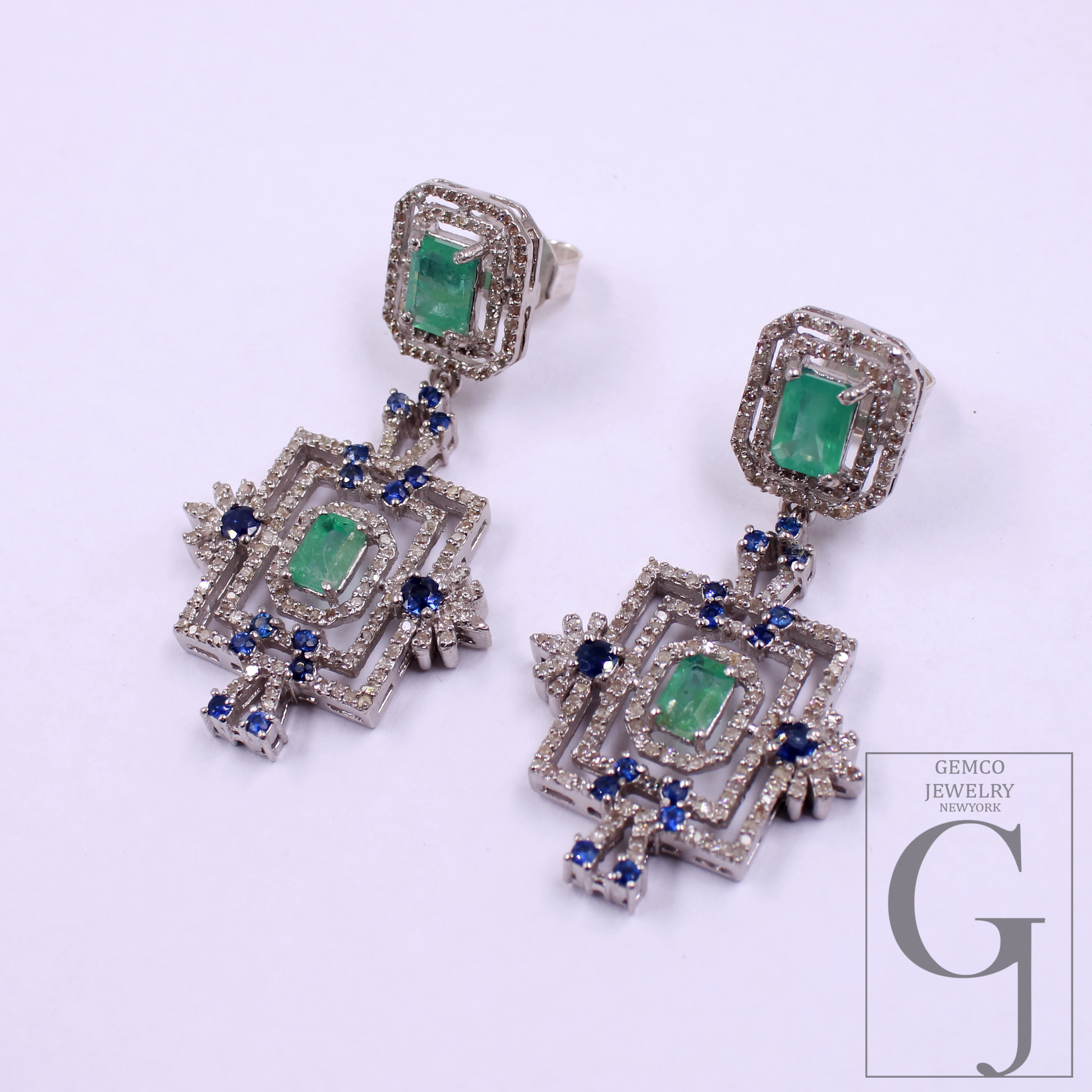 Natural Emerald And Blue Sapphire Drop Earrings With Pave Diamonds In 925 Sterling Silver Handmade Finish Jewelry