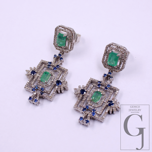 Natural Emerald And Blue Sapphire Drop Earrings With Pave Diamonds In 925 Sterling Silver Handmade Finish Jewelry