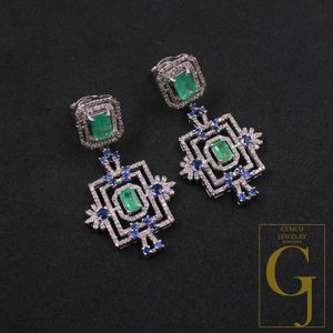 Natural Emerald And Blue Sapphire Drop Earrings With Pave Diamonds In 925 Sterling Silver Handmade Finish Jewelry