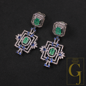 Natural Emerald And Blue Sapphire Drop Earrings With Pave Diamonds In 925 Sterling Silver Handmade Finish Jewelry