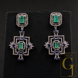 Natural Emerald And Blue Sapphire Drop Earrings With Pave Diamonds In 925 Sterling Silver Handmade Finish Jewelry
