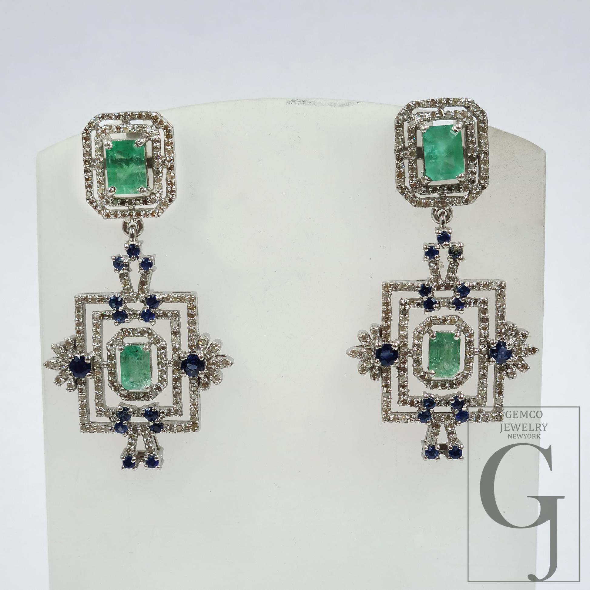 Natural Emerald And Blue Sapphire Drop Earrings With Pave Diamonds In 925 Sterling Silver Handmade Finish Jewelry