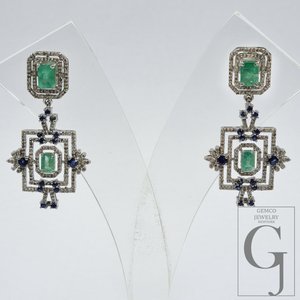 Natural Emerald And Blue Sapphire Drop Earrings With Pave Diamonds In 925 Sterling Silver Handmade Finish Jewelry