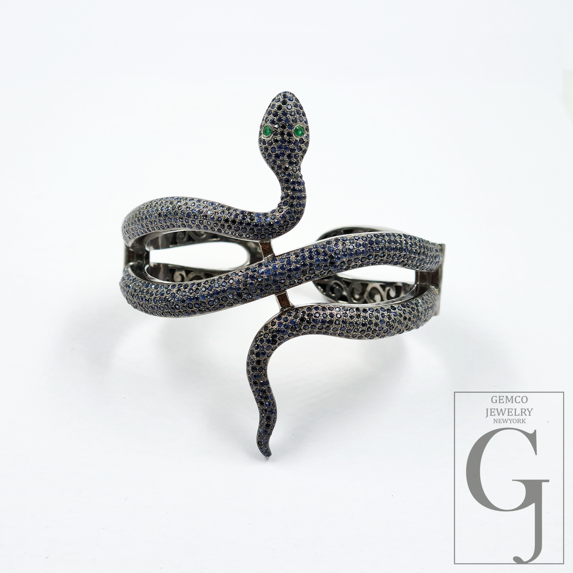 Handmade Snake Cuff Bracelet With Pave Set Blue Sapphire And Emerald – 925 Sterling Silver Luxury Jewelry For Women