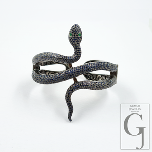 Handmade Snake Cuff Bracelet With Pave Set Blue Sapphire And Emerald – 925 Sterling Silver Luxury Jewelry For Women