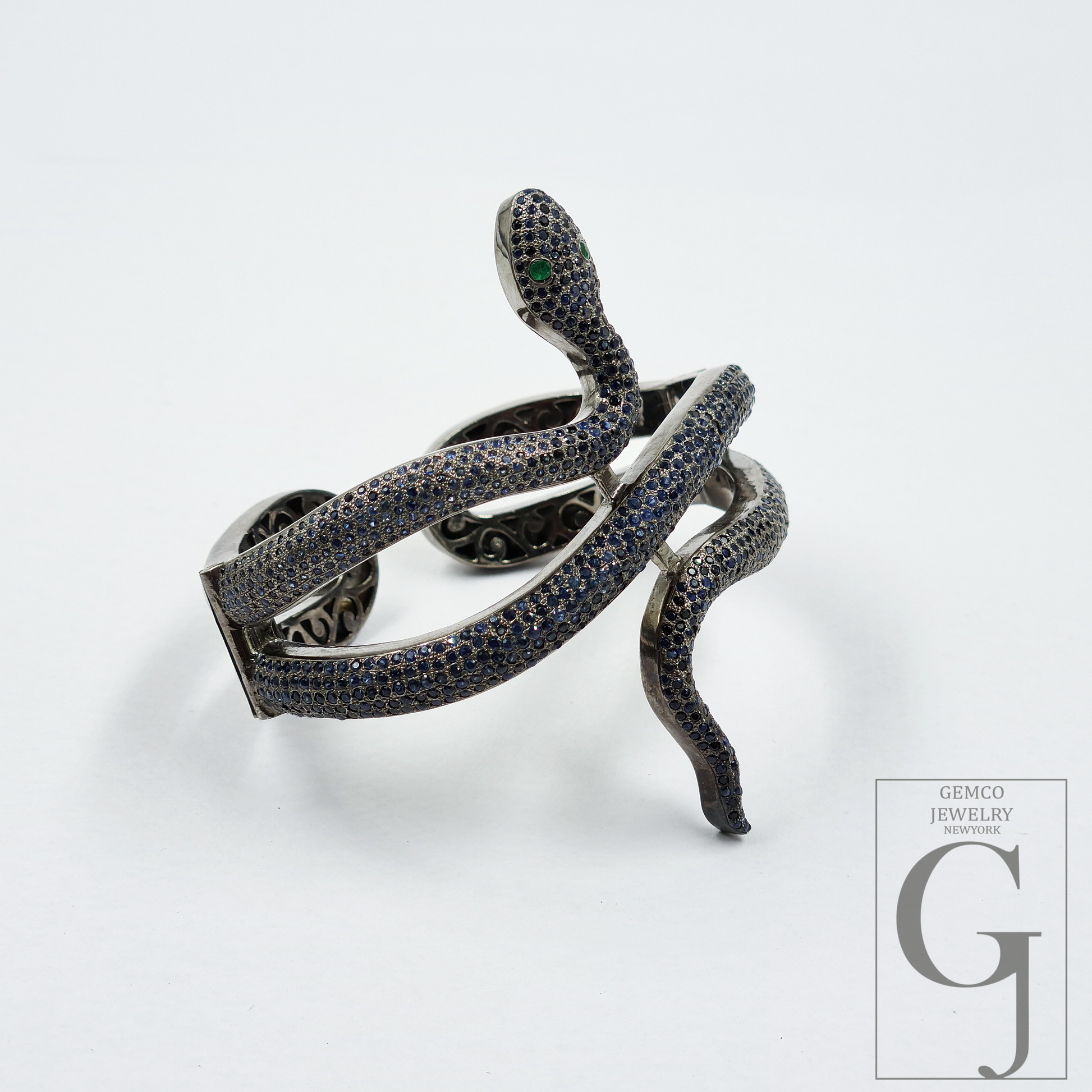 Handmade Snake Cuff Bracelet With Pave Set Blue Sapphire And Emerald – 925 Sterling Silver Luxury Jewelry For Women