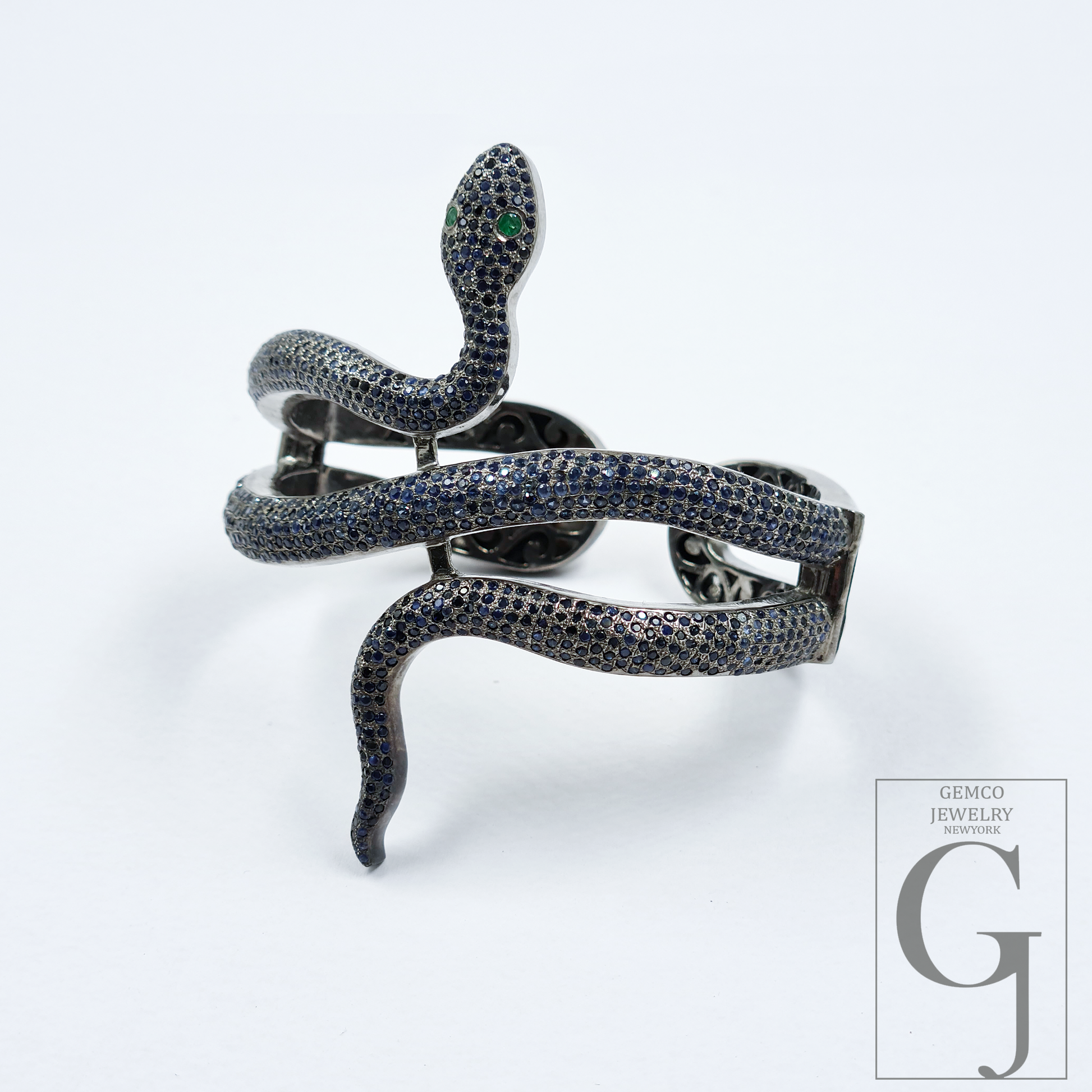 Handmade Snake Cuff Bracelet With Pave Set Blue Sapphire And Emerald – 925 Sterling Silver Luxury Jewelry For Women