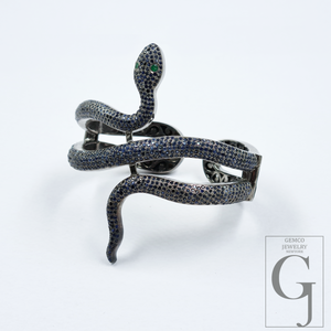 Handmade Snake Cuff Bracelet With Pave Set Blue Sapphire And Emerald – 925 Sterling Silver Luxury Jewelry For Women