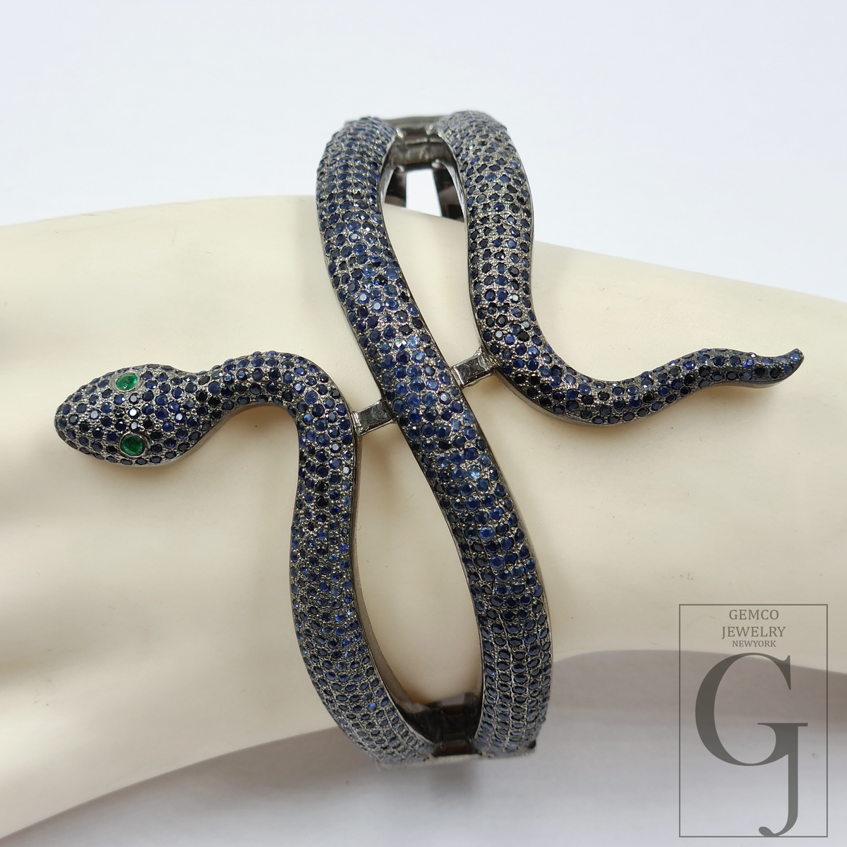Handmade Snake Cuff Bracelet With Pave Set Blue Sapphire And Emerald – 925 Sterling Silver Luxury Jewelry For Women