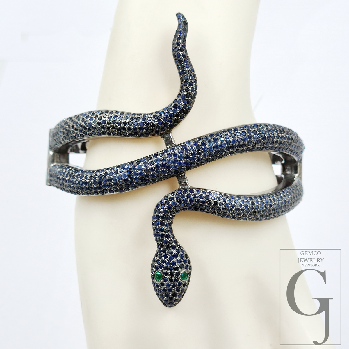 Handmade Snake Cuff Bracelet With Pave Set Blue Sapphire And Emerald – 925 Sterling Silver Luxury Jewelry For Women