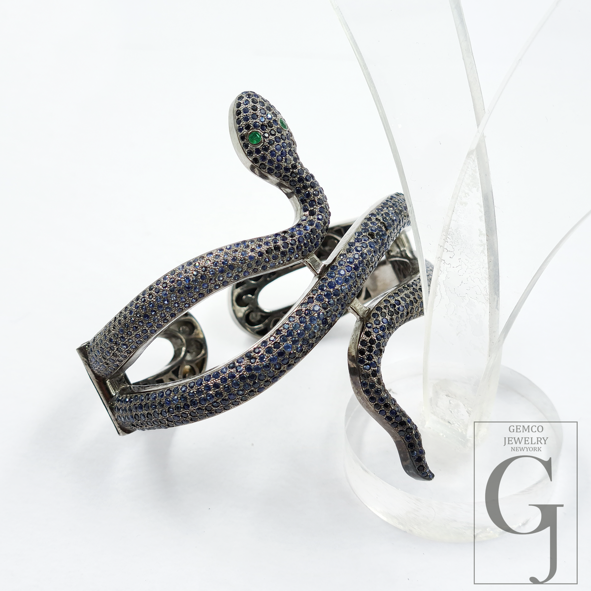 Handmade Snake Cuff Bracelet With Pave Set Blue Sapphire And Emerald – 925 Sterling Silver Luxury Jewelry For Women