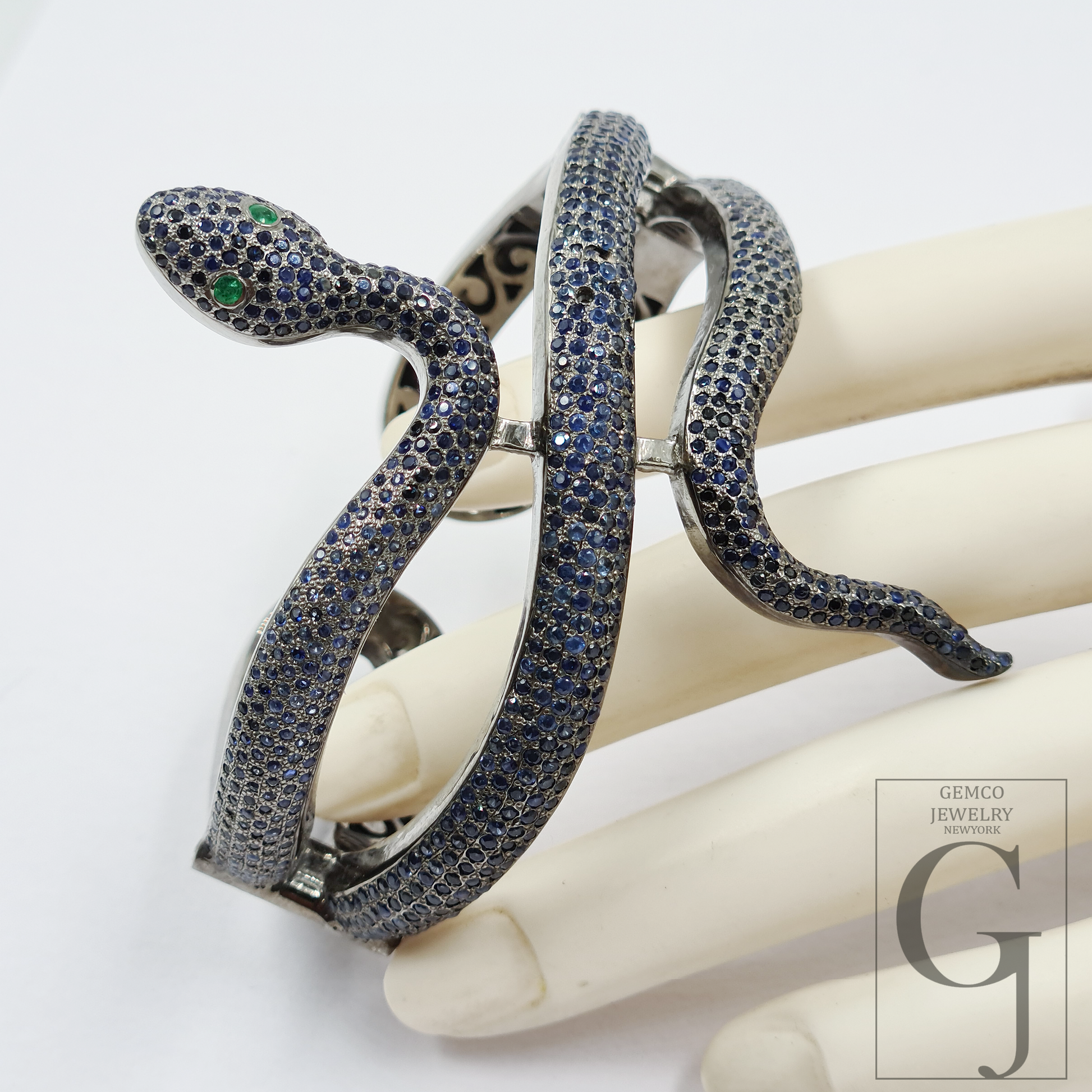 Handmade Snake Cuff Bracelet With Pave Set Blue Sapphire And Emerald – 925 Sterling Silver Luxury Jewelry For Women
