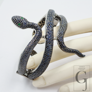 Handmade Snake Cuff Bracelet With Pave Set Blue Sapphire And Emerald – 925 Sterling Silver Luxury Jewelry For Women