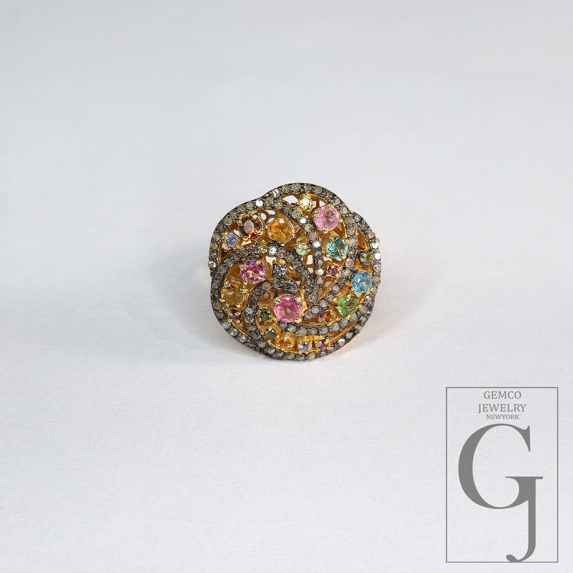 14K Designer Tourmaline Ring With Natural Pave Diamonds In 925 Sterling Silver Handmade Finish Ring