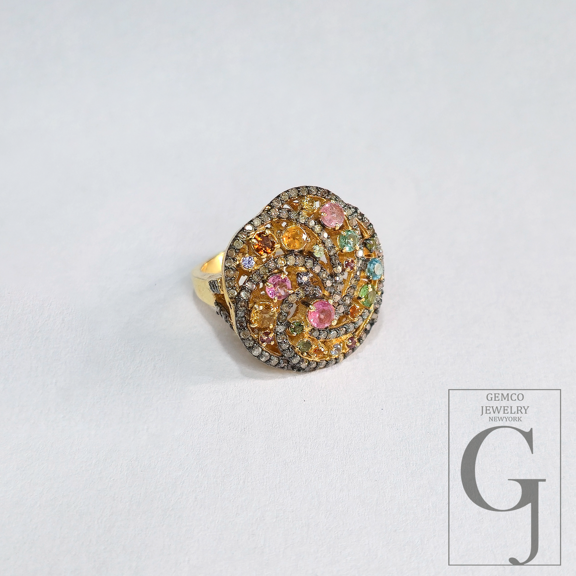14K Designer Tourmaline Ring With Natural Pave Diamonds In 925 Sterling Silver Handmade Finish Ring