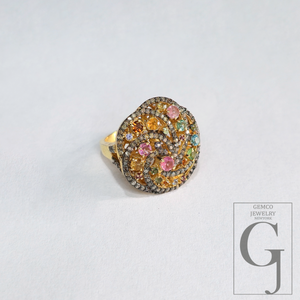 14K Designer Tourmaline Ring With Natural Pave Diamonds In 925 Sterling Silver Handmade Finish Ring
