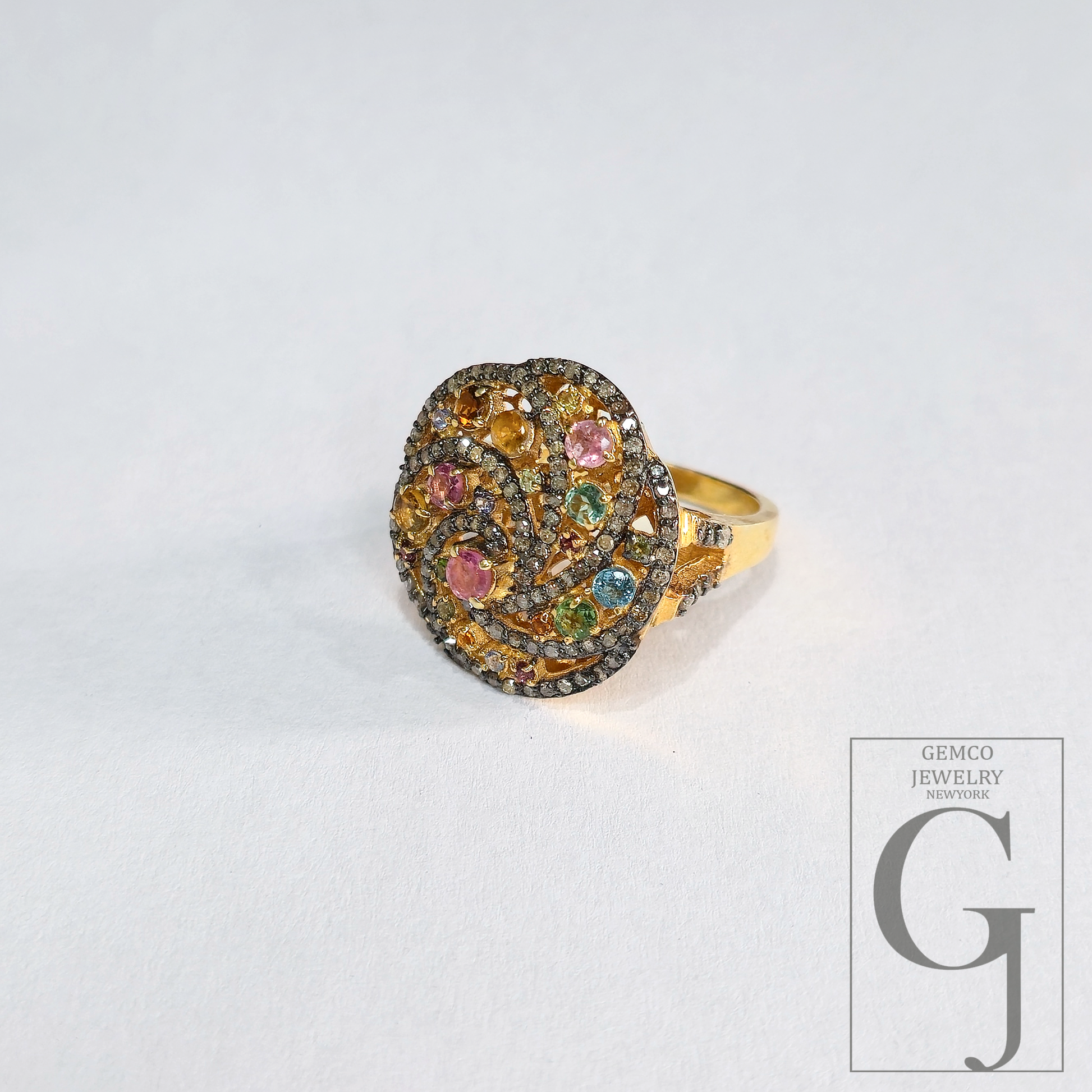 14K Designer Tourmaline Ring With Natural Pave Diamonds In 925 Sterling Silver Handmade Finish Ring