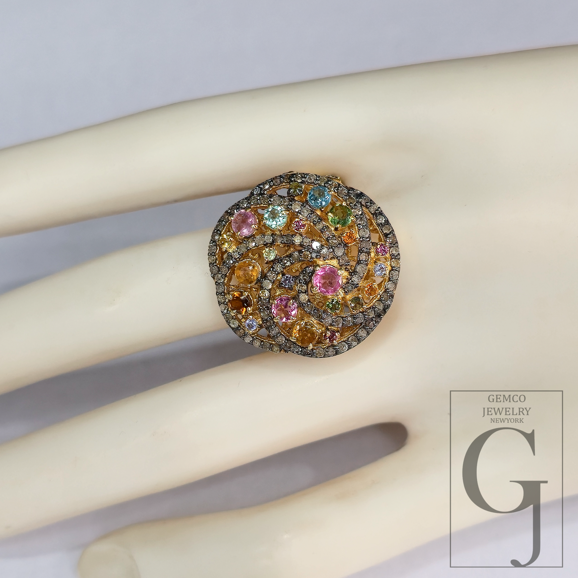 14K Designer Tourmaline Ring With Natural Pave Diamonds In 925 Sterling Silver Handmade Finish Ring