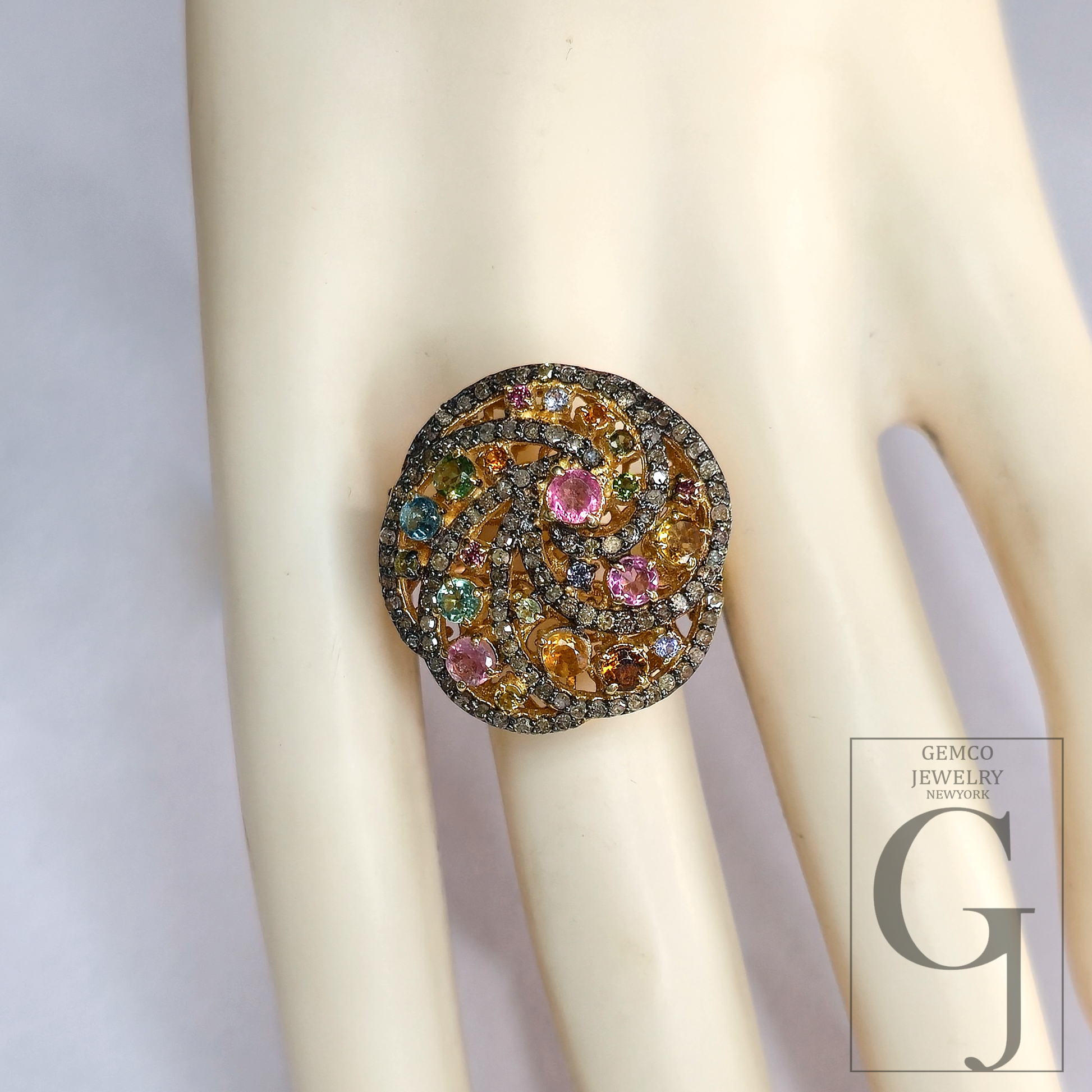 14K Designer Tourmaline Ring With Natural Pave Diamonds In 925 Sterling Silver Handmade Finish Ring