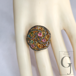 14K Designer Tourmaline Ring With Natural Pave Diamonds In 925 Sterling Silver Handmade Finish Ring