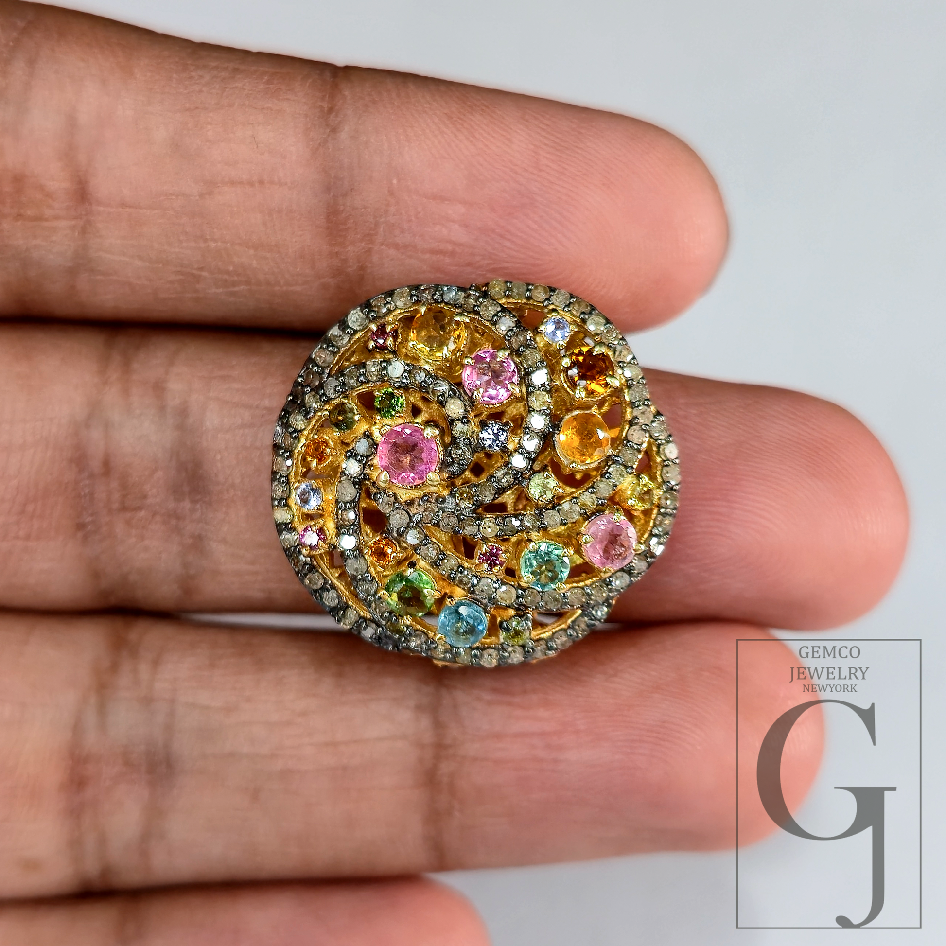14K Designer Tourmaline Ring With Natural Pave Diamonds In 925 Sterling Silver Handmade Finish Ring