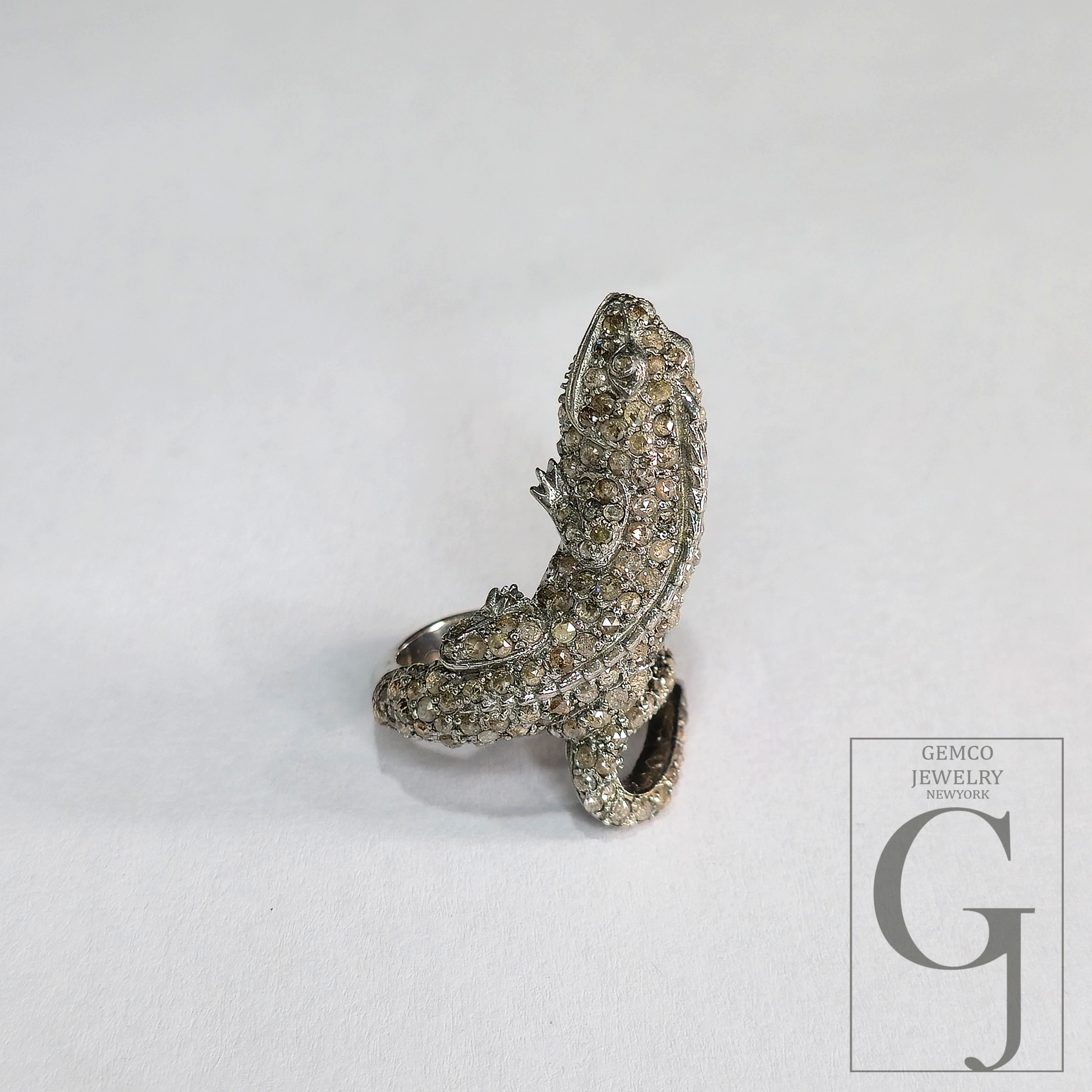 Chameleon Ring With Pave Rosecut Diamonds With 925 Sterling Silver Handmade Animal Jewelry