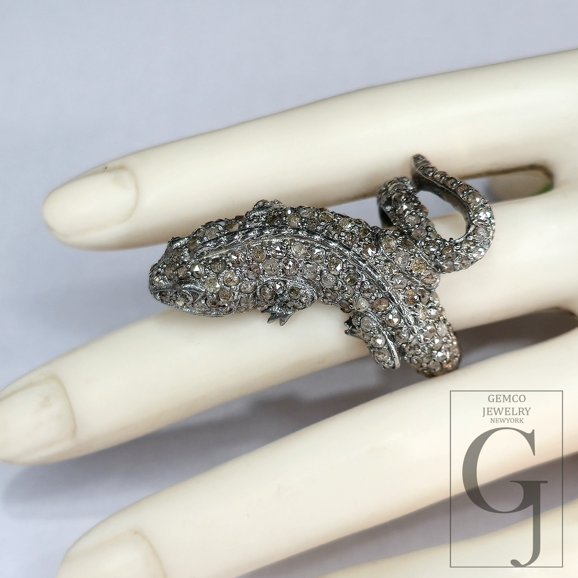 Chameleon Ring With Pave Rosecut Diamonds With 925 Sterling Silver Handmade Animal Jewelry
