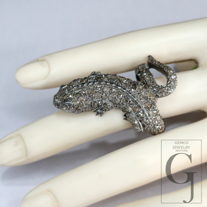 Chameleon Ring With Pave Rosecut Diamonds With 925 Sterling Silver Handmade Animal Jewelry
