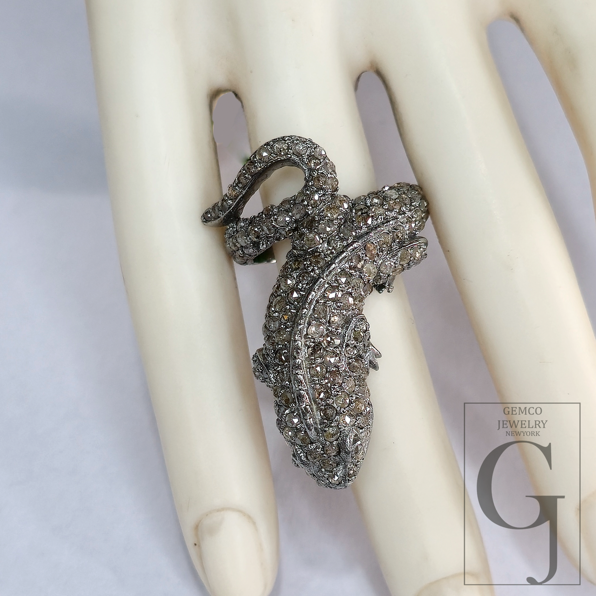 Chameleon Ring With Pave Rosecut Diamonds With 925 Sterling Silver Handmade Animal Jewelry