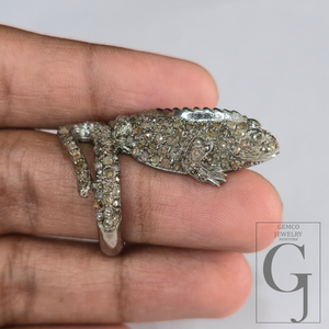 Chameleon Ring With Pave Rosecut Diamonds With 925 Sterling Silver Handmade Animal Jewelry