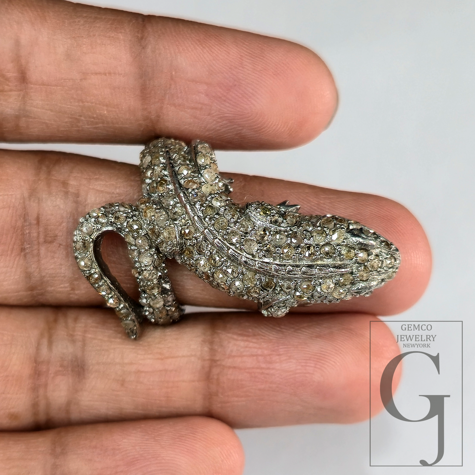 Chameleon Ring With Pave Rosecut Diamonds With 925 Sterling Silver Handmade Animal Jewelry