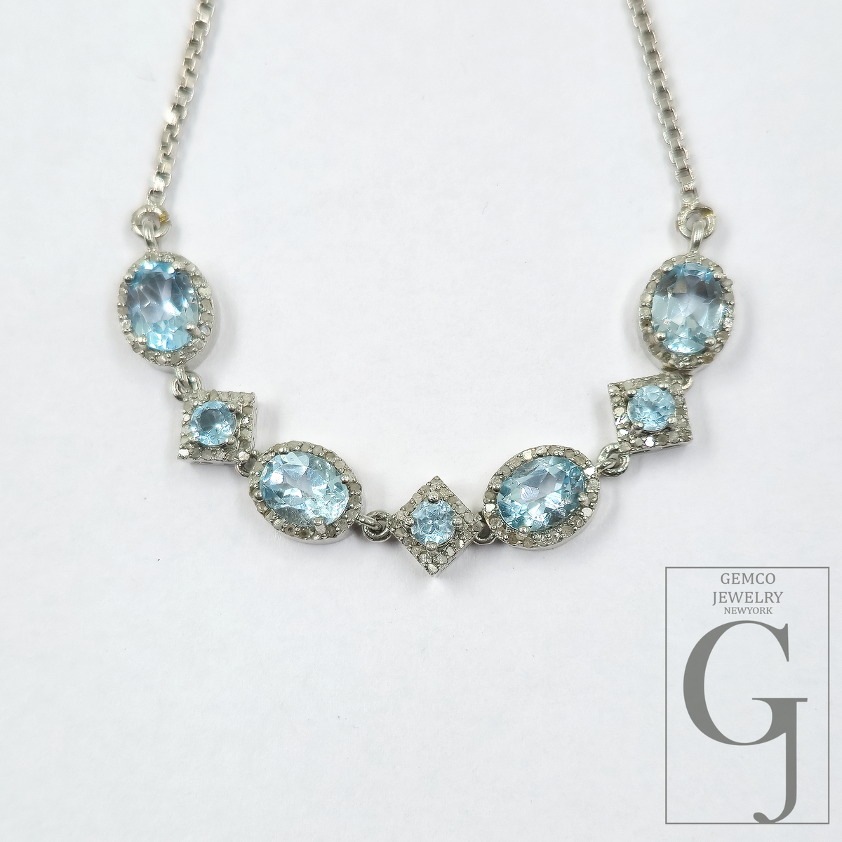 Beautiful Blue Topaz Necklace With Pave Diamonds - Sterling Silver Handmade Finish Jewelry For Her